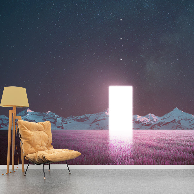 Futuristic Night Lavender Field Mural Pink-Blue Time Travel Wall Covering for Bedroom