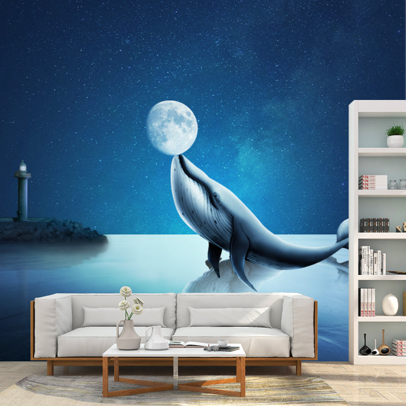 Blue Dolphin Playing Moon Murals Water-Proof Fictional Bedroom Wall Decor, Custom-Made