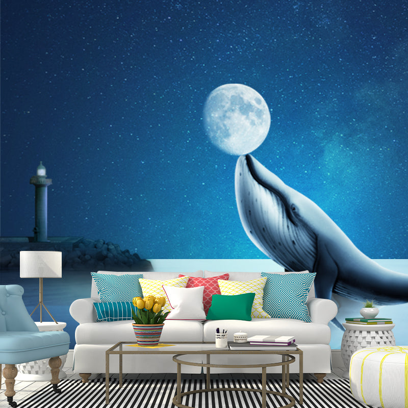 Blue Dolphin Playing Moon Murals Water-Proof Fictional Bedroom Wall Decor, Custom-Made