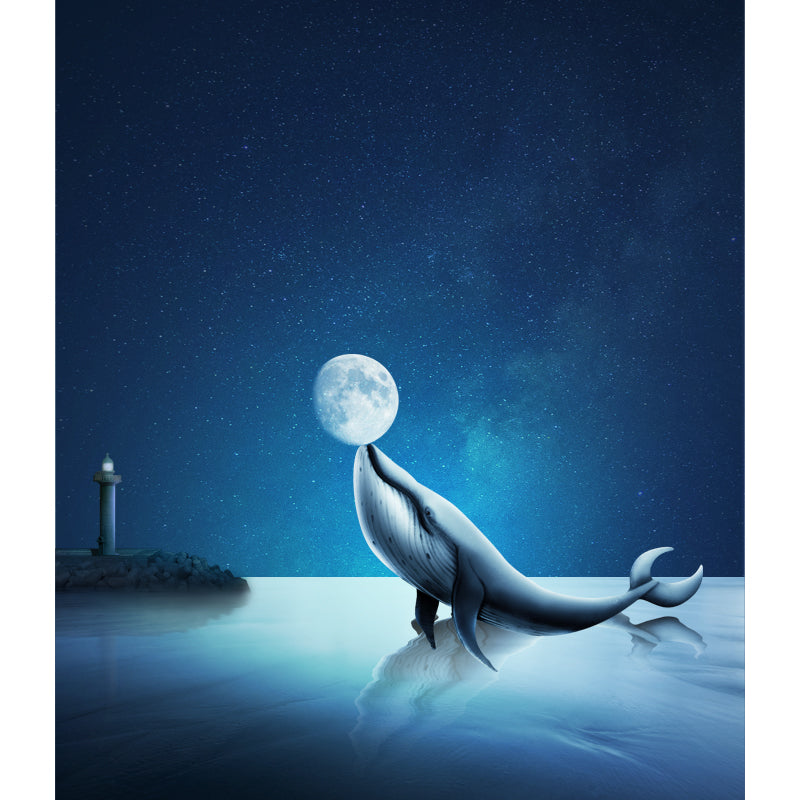 Blue Dolphin Playing Moon Murals Water-Proof Fictional Bedroom Wall Decor, Custom-Made