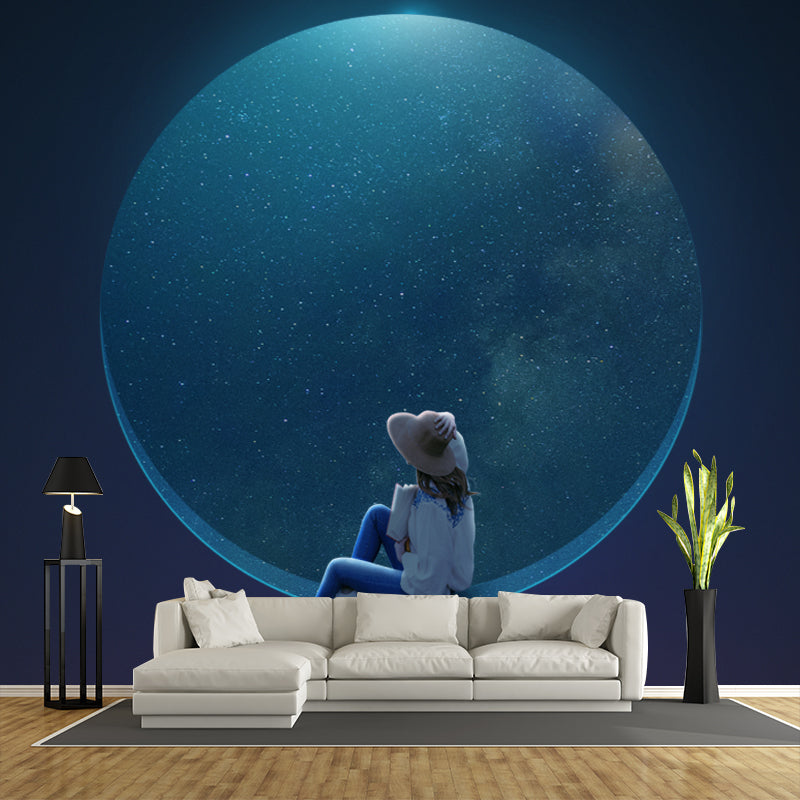 Non-Woven Washable Murals Sci-Fi Girl and Starry Moon Night Wall Art for Bedroom