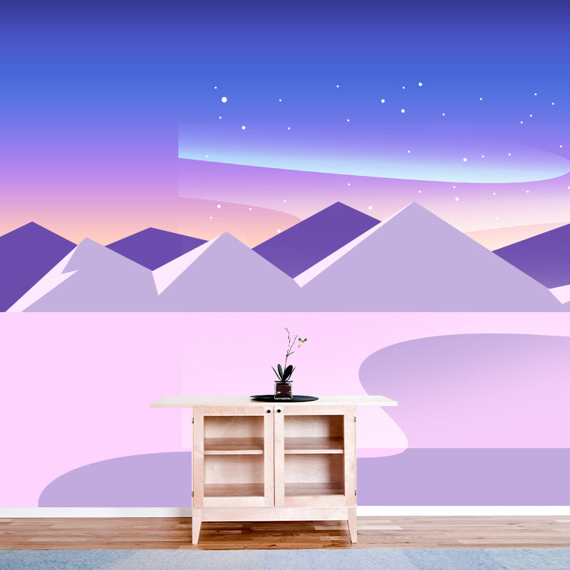 Whole Star and Aurora Mural Nordic Mystic Night Mountain Landscape Wall Decor in Purple-Blue