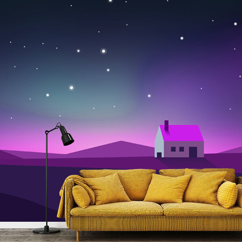 Large Nordic Wall Paper Mural Purple House with Night Polar Light Wall Decor, Made to Measure