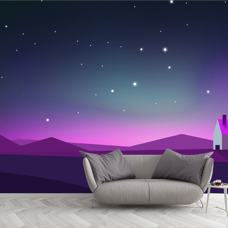 Large Nordic Wall Paper Mural Purple House with Night Polar Light Wall Decor, Made to Measure