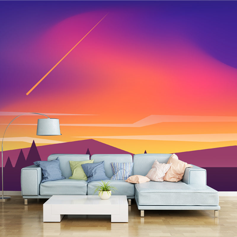Whole Mountain Meteor Shower Mural for Bedroom Night Scenery Wall Art in Yellow-Blue, Washable