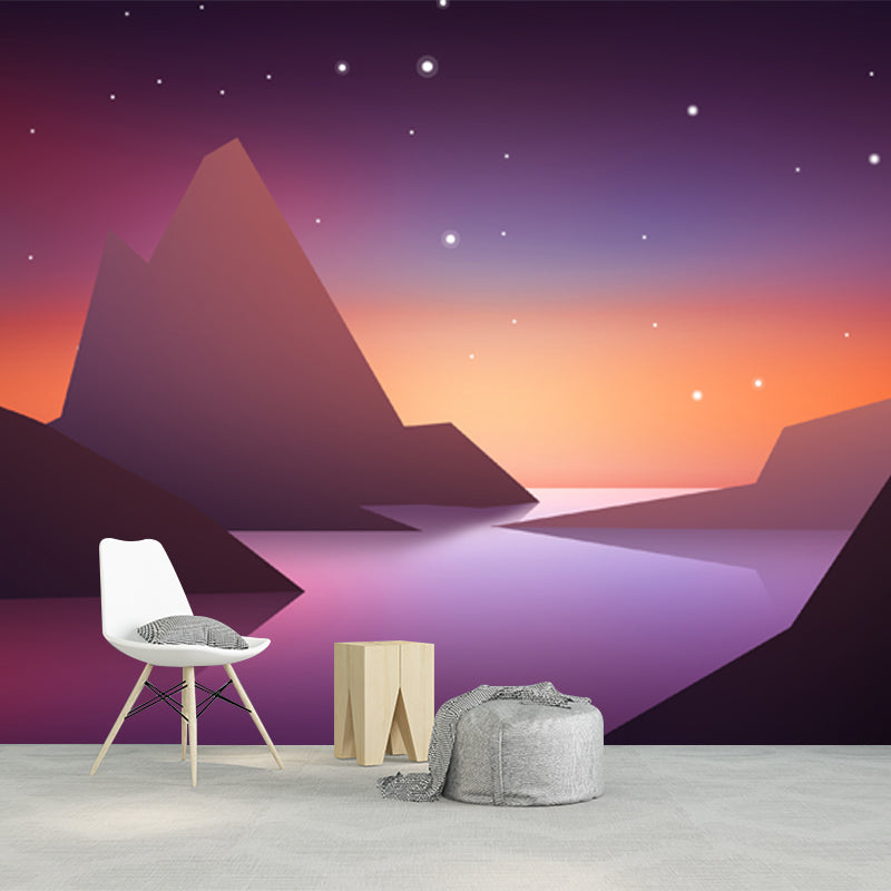 Large Mountain Starry Sky Murals Purple-Yellow Non-Woven Wall Covering, Waterproof, Custom Print