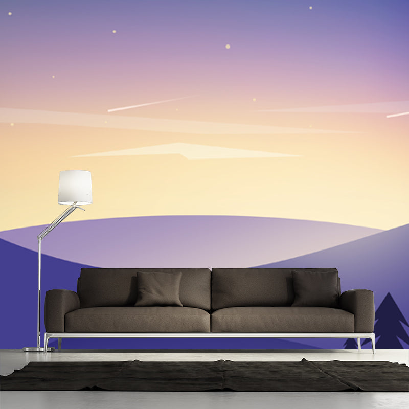 Purple Night Mountain Scenery Mural Stain Resistant Wall Art for Living Room, Personalized Size