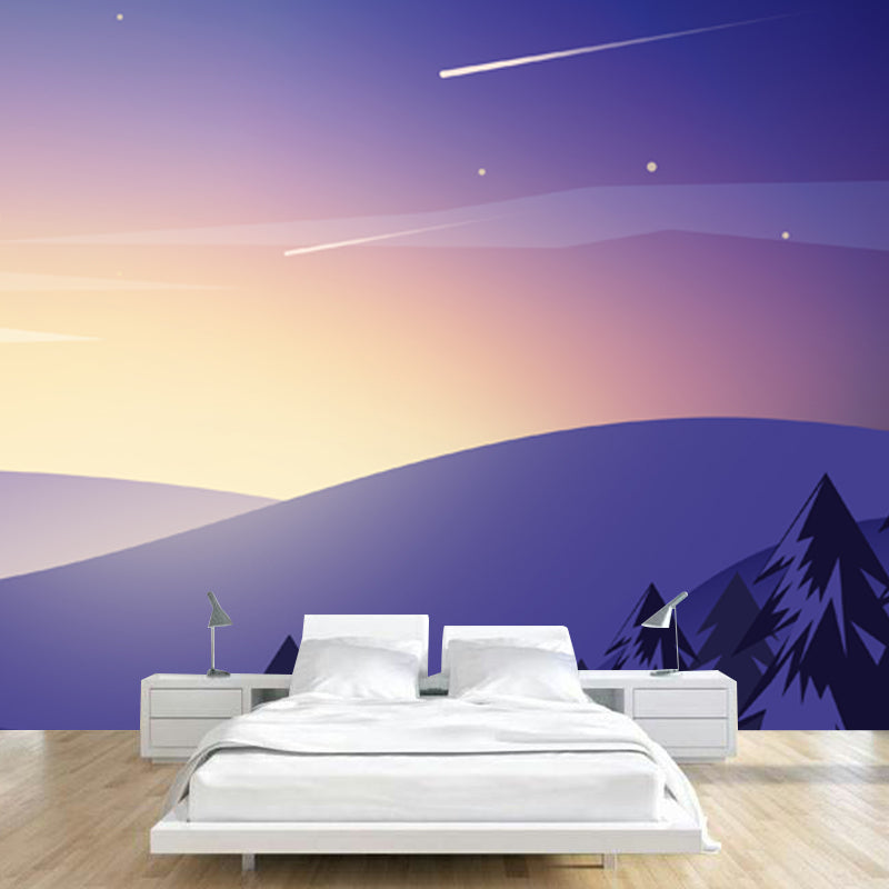 Purple Night Mountain Scenery Mural Stain Resistant Wall Art for Living Room, Personalized Size