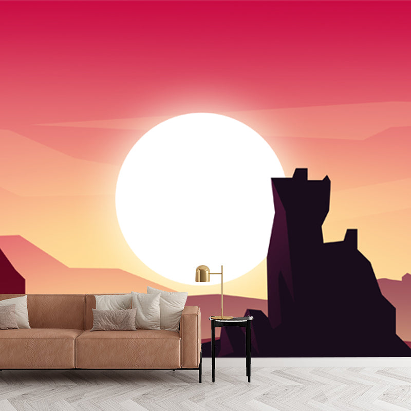 Yellow-Red Modern Art Mural Full Size Super Moon over Desert Castle Wall Decor for Corridor