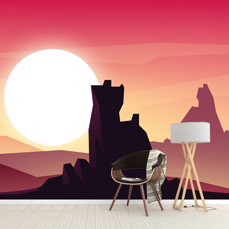 Yellow-Red Modern Art Mural Full Size Super Moon over Desert Castle Wall Decor for Corridor