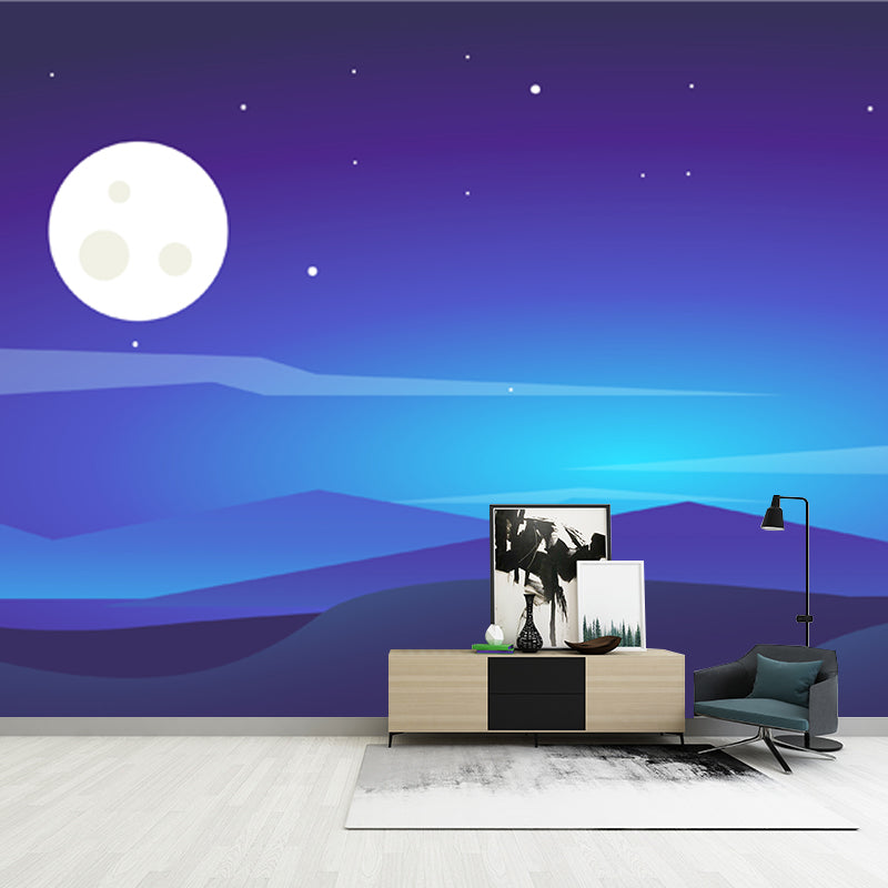 Nordic Night Scenery Murals Wallpaper Blue Moon and Polar Light Wall Covering for Accent Wall
