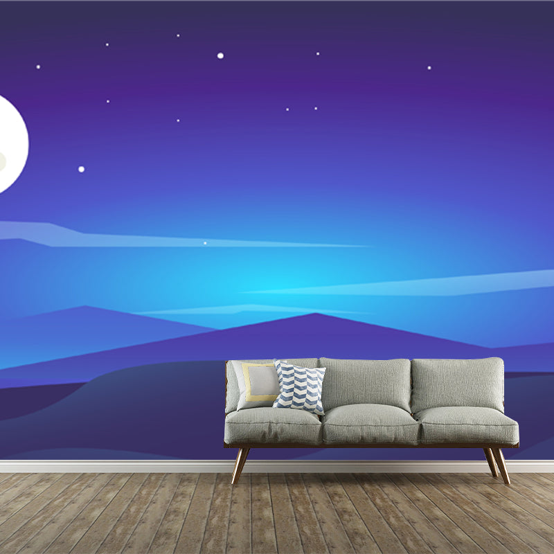 Nordic Night Scenery Murals Wallpaper Blue Moon and Polar Light Wall Covering for Accent Wall