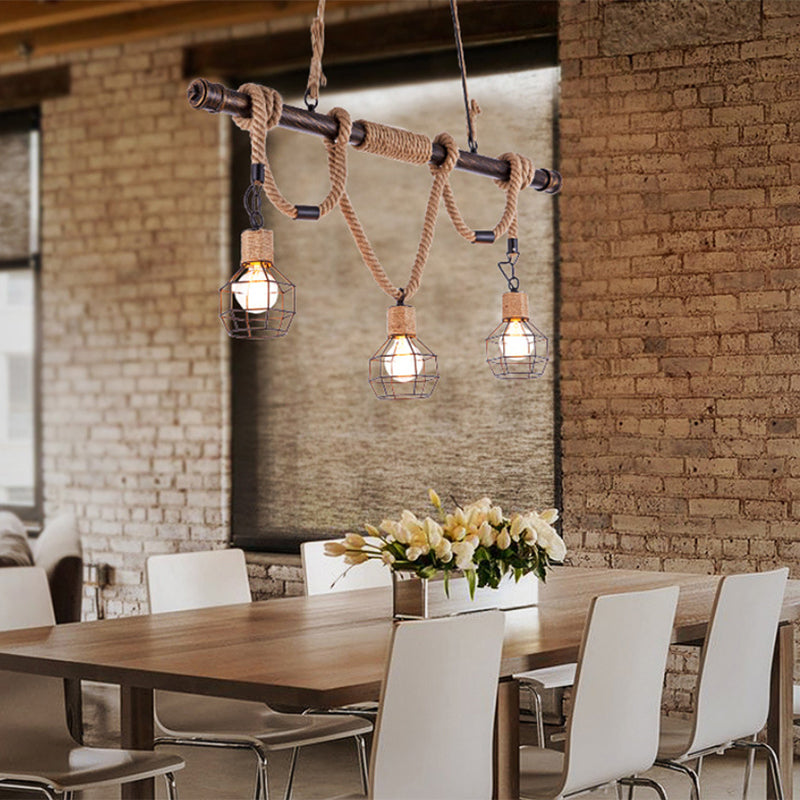 3 Head Island Lighting Vintage Style Globe Cage Metal and Rope Hanging Light in Beige for Dining Room