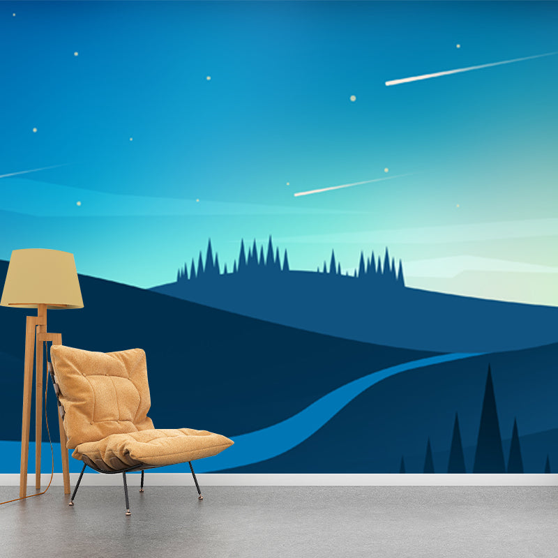 Lonely Hill Path Wall Mural for Bedroom Night Meteor Shower Wall Decor, Made to Measure