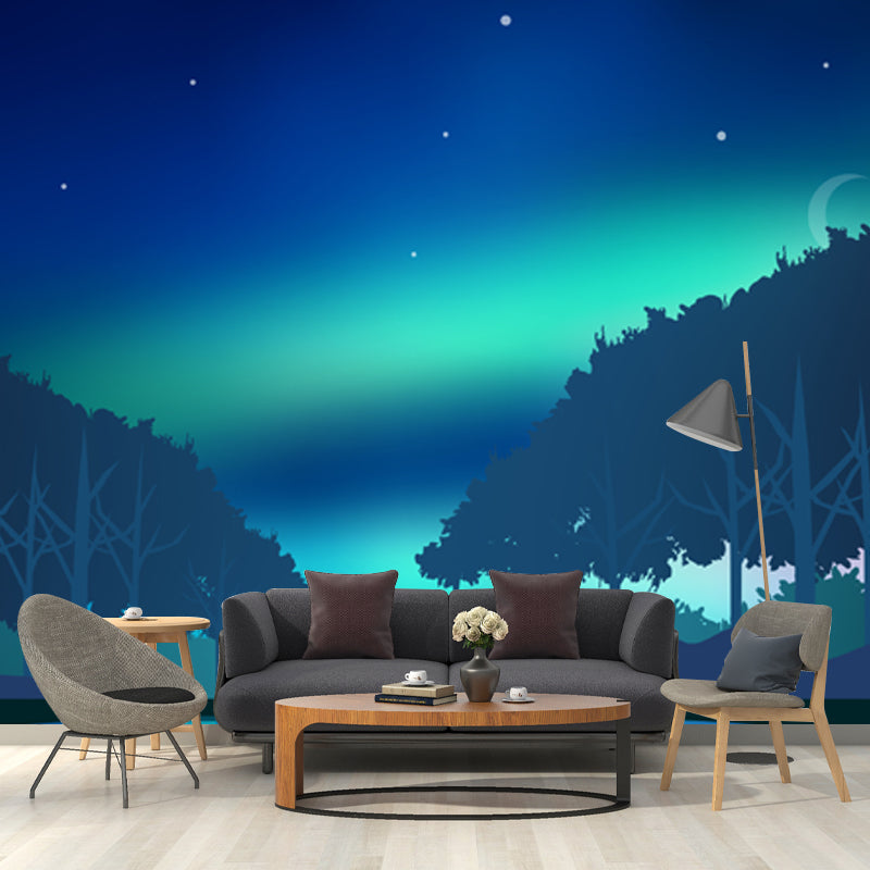 Aqua Aurora Wall Mural Forest Starry Sky Modern Waterproof Wall Decor for Living Room