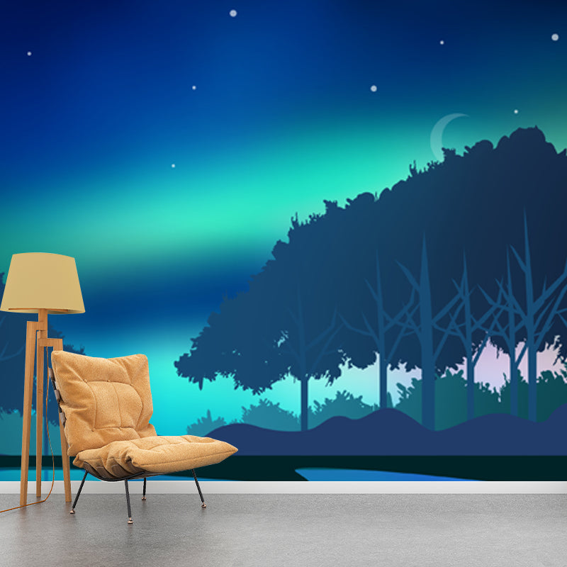 Aqua Aurora Wall Mural Forest Starry Sky Modern Waterproof Wall Decor for Living Room