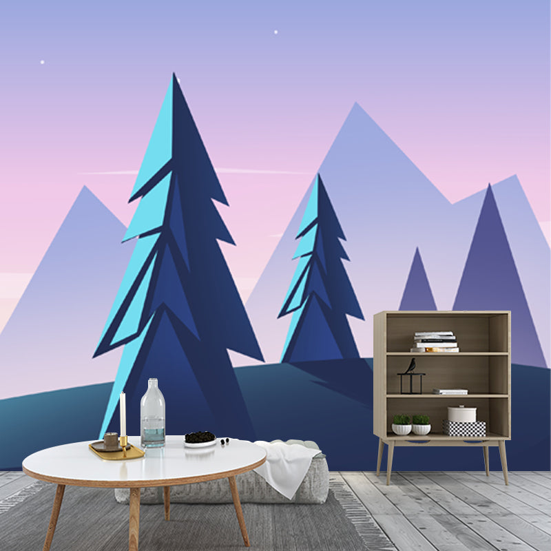 Pipe Tree Starry Night Mural Wallpaper Modern Smooth Surface Wall Decor in Purple-Blue