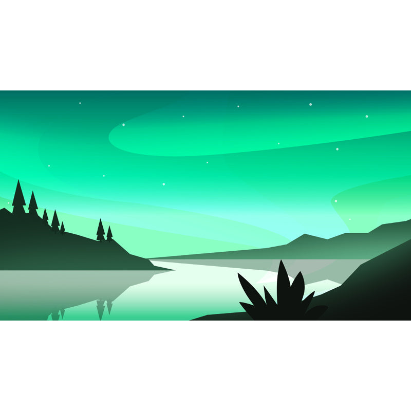 Nordic River Night Scene Mural in Green Stain Proof Wall Covering for Living Room