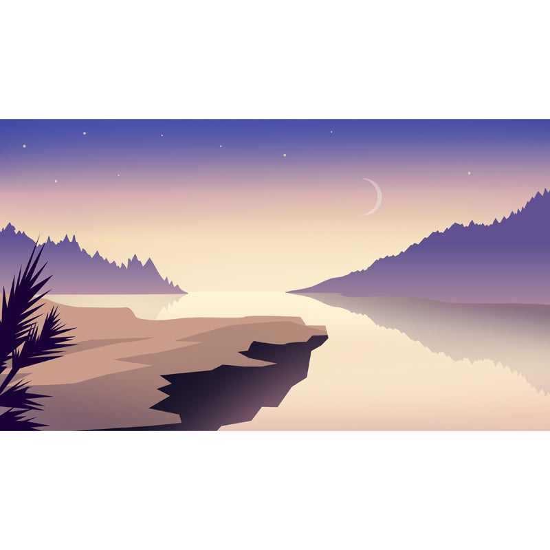 Non-Woven Stain Resistant Mural Modern River and Moon Night Starry Sky Print Wall Art in Purple-Yellow
