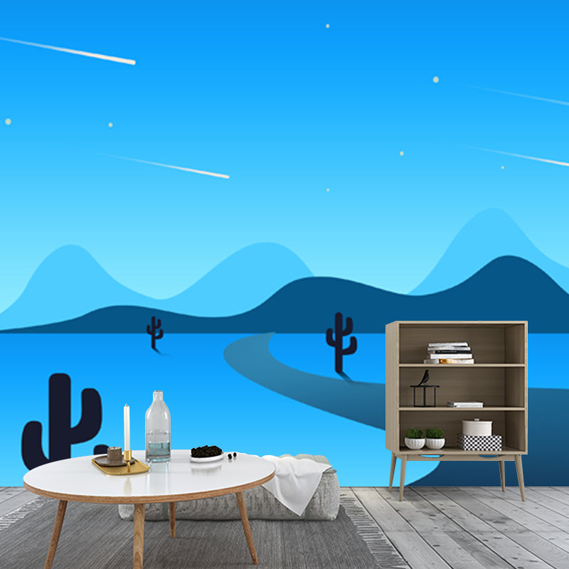 Personalized Illustration Modern Mural with Pathway Cactus and Night Meteor Pattern in Blue