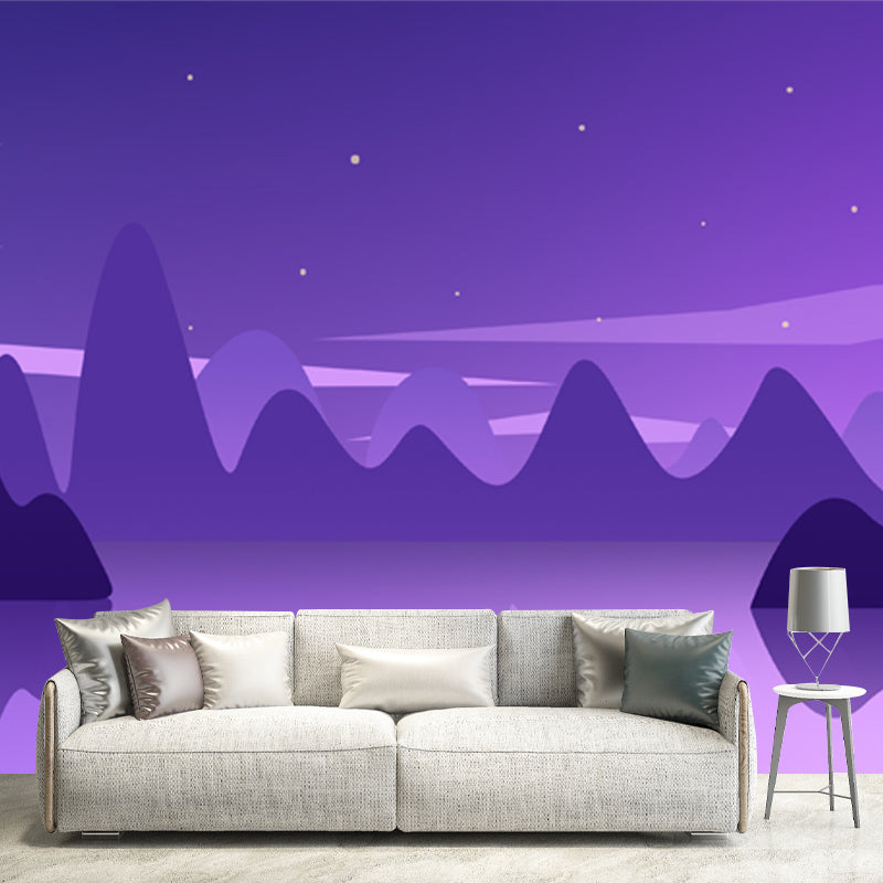 Purple Mountain Lake Reflection Mural Night Landscape Modern Washable Wall Art for Home