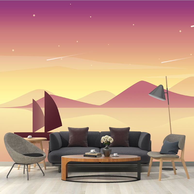 Boat on River Scenery Mural Wallpaper Contemporary Smooth Wall Art in Purple-Yellow