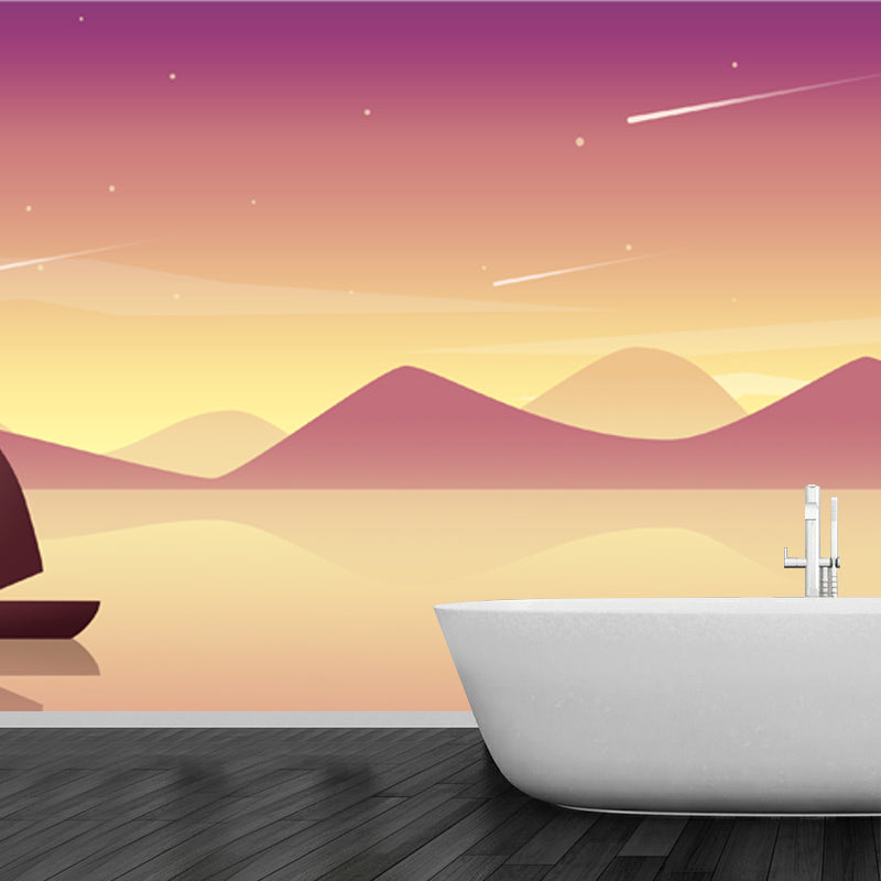 Boat on River Scenery Mural Wallpaper Contemporary Smooth Wall Art in Purple-Yellow
