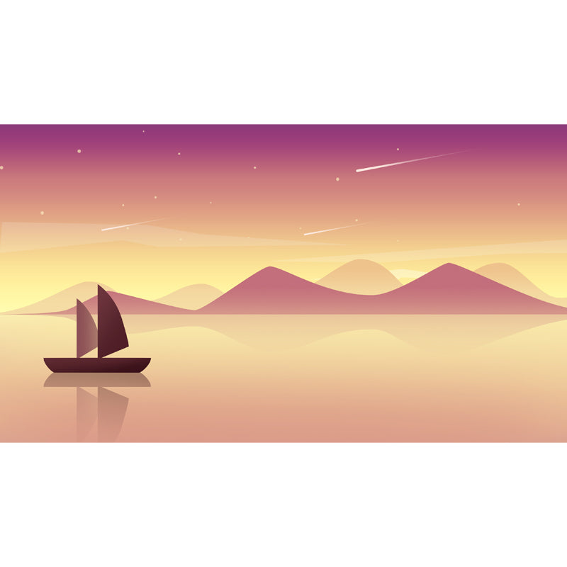 Boat on River Scenery Mural Wallpaper Contemporary Smooth Wall Art in Purple-Yellow