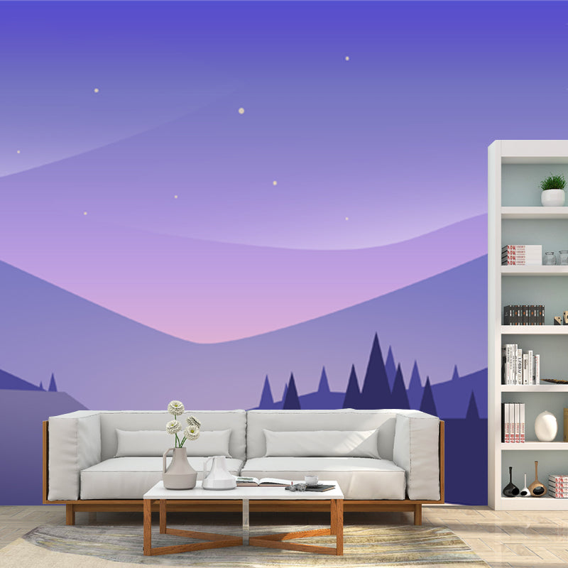 Full Size Road Curve Murals Wallpaper Modern Serene Starry Sky Wall Decor in Purple