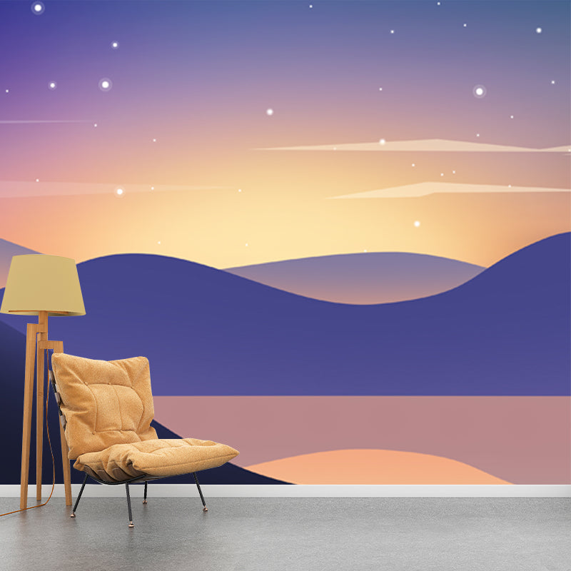 Modern Night River View Mural Purple-Yellow Twinkling Stars Wall Covering for Home