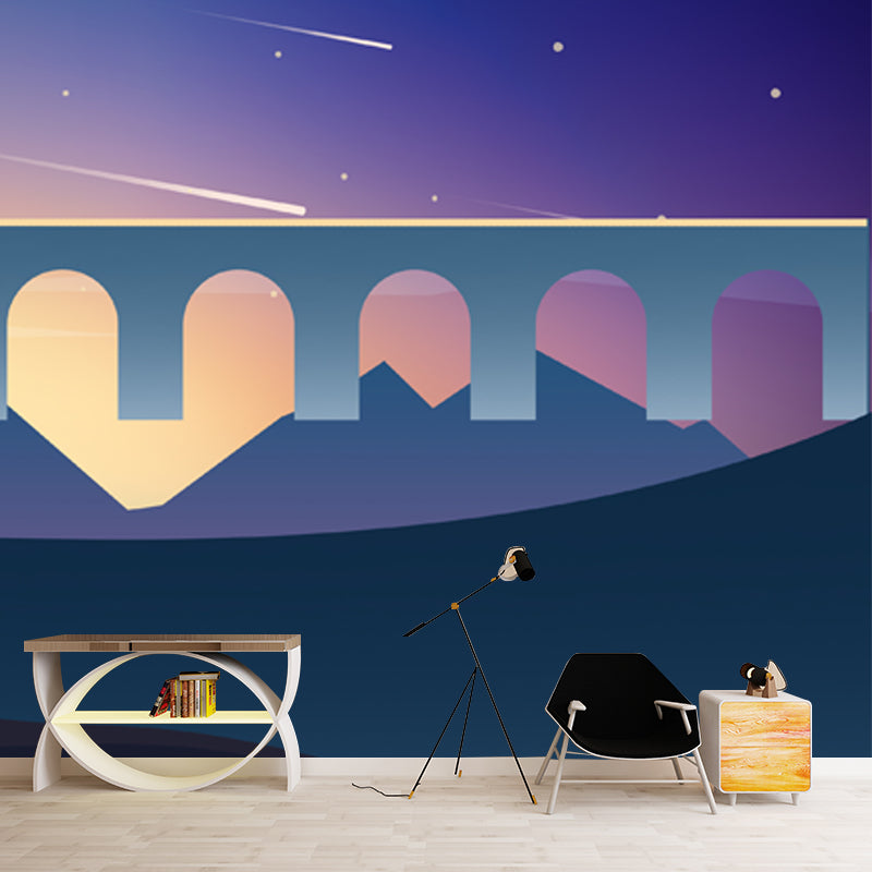 Purple-Blue Wild Cactus Mural Meteor Night Sky Nordic Water-Proof Wall Decor for Bedroom