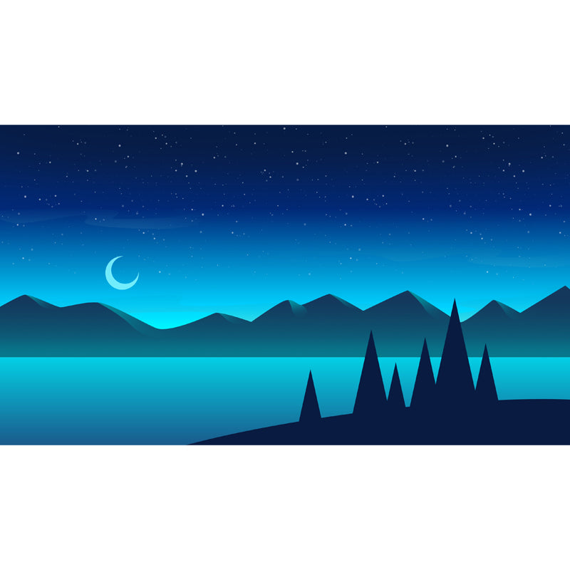 Night Time Mountain River Mural Modern Non-Woven Wall Art in Blue for Living Room