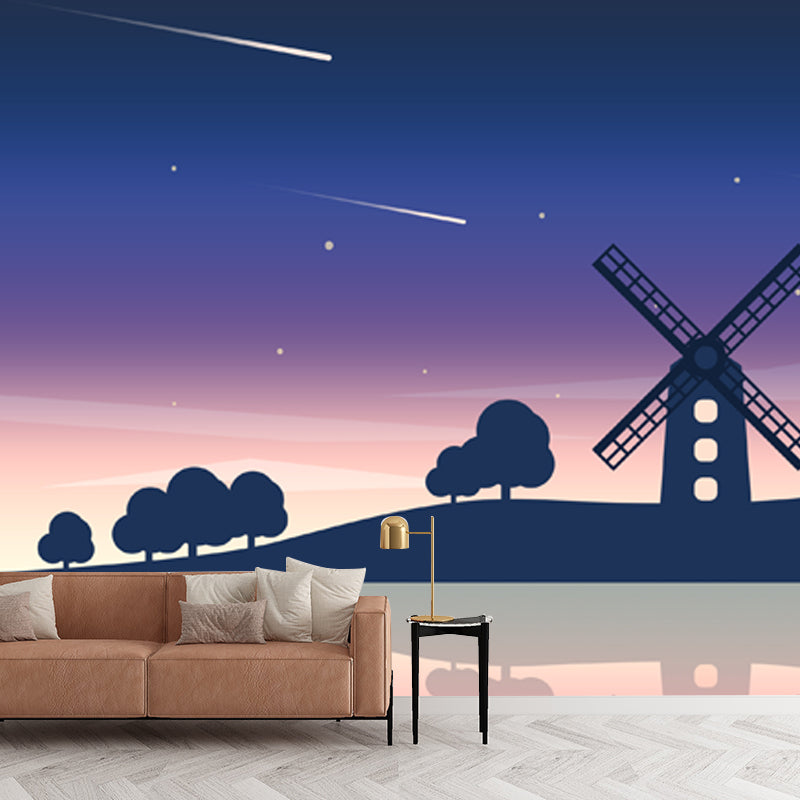 Big Riverside Windmill Mural Wallpaper Nordic Dreamy Meteor Shower Wall Covering in Purple-Blue