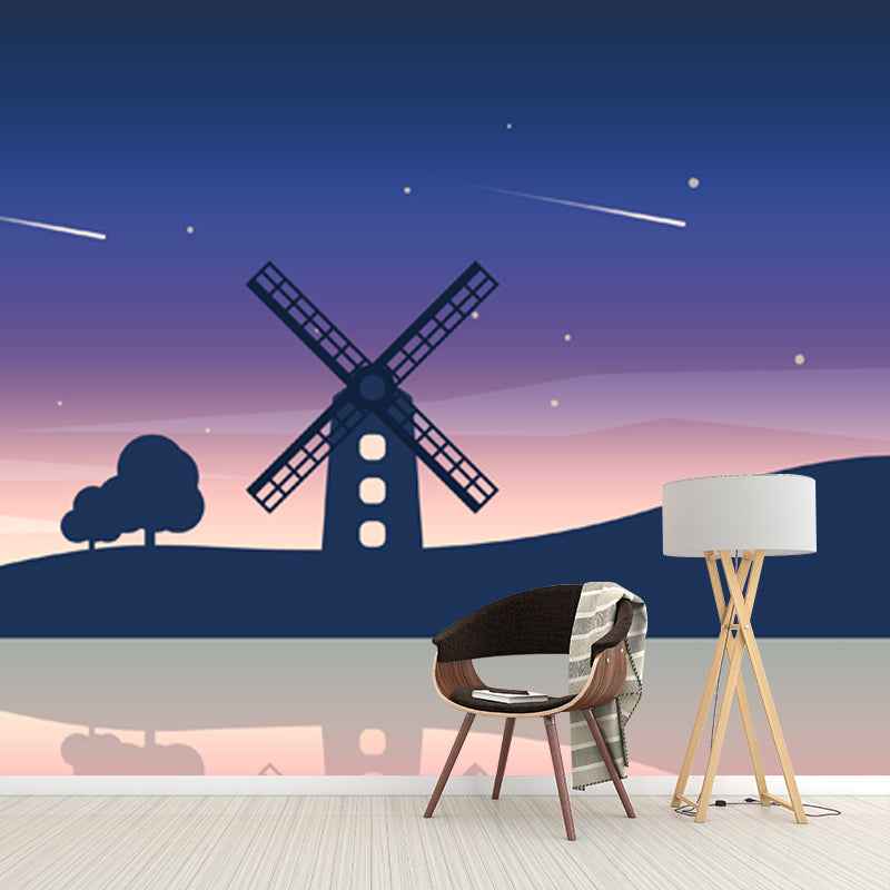 Big Riverside Windmill Mural Wallpaper Nordic Dreamy Meteor Shower Wall Covering in Purple-Blue