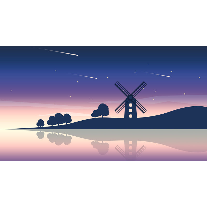 Big Riverside Windmill Mural Wallpaper Nordic Dreamy Meteor Shower Wall Covering in Purple-Blue