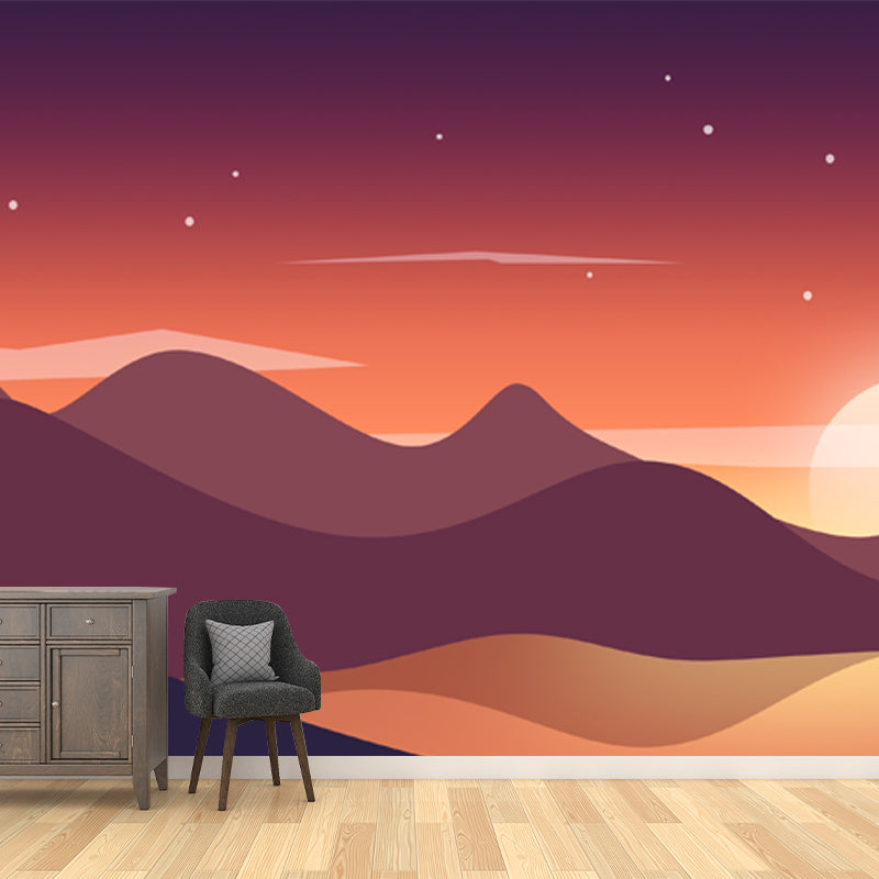 Modern Starry Scenery Wall Mural Yellow-Brown Big Moon Behind Mountain Wall Decor