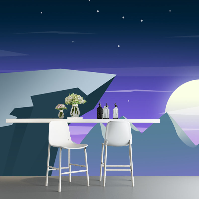 Non-Woven Waterproof Mural Modern Art Cliff and Moon Night Wall Covering in Purple