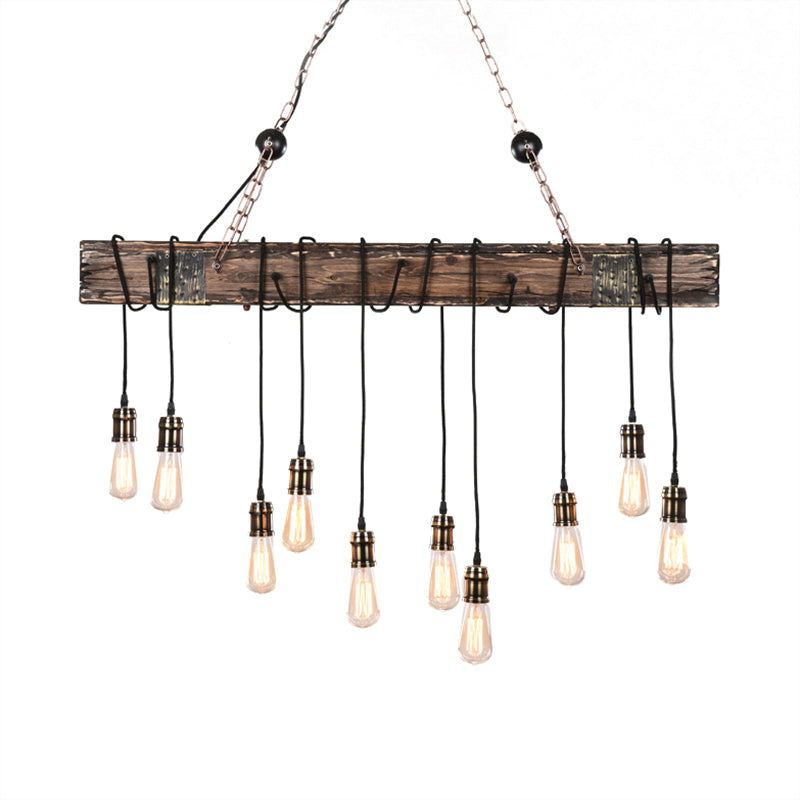 Linear Dining Room Island Lighting with Wooden Beam Lodge Stylish Multi Light Brown Ceiling Light Fixture