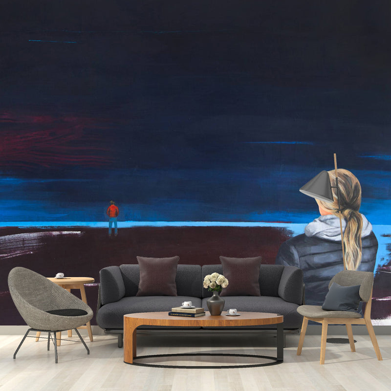 Art Deco Stranger Mural Decal Black-Blue Moisture Resistant Wall Covering for Living Room