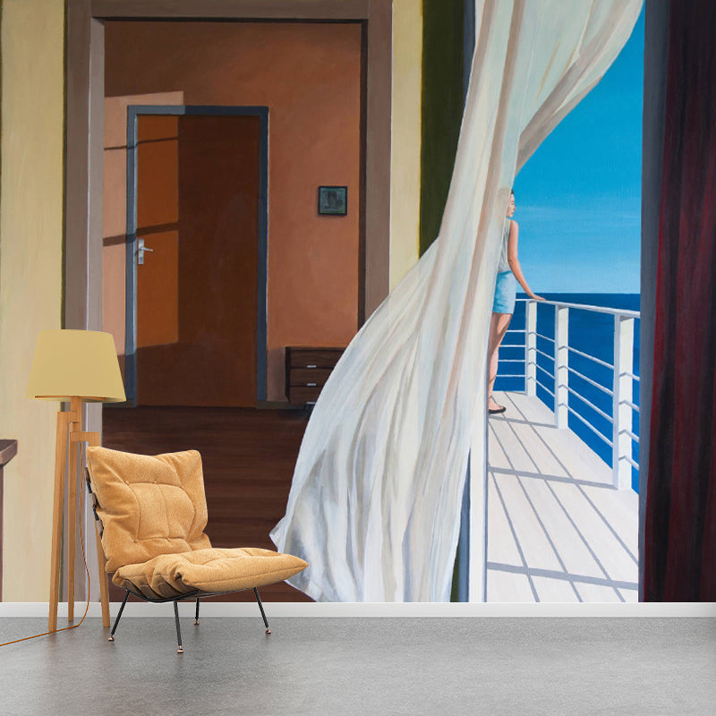 Artistry Sea Balcony Wall Murals Blue-Brown Waterproofing Wall Decor for Bedroom