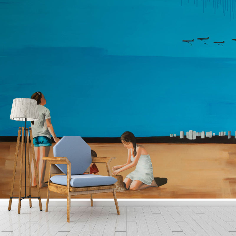 Artistic Kids Wall Paper Mural with Have Fun at Beach Painting Blue-Brown Wall Covering