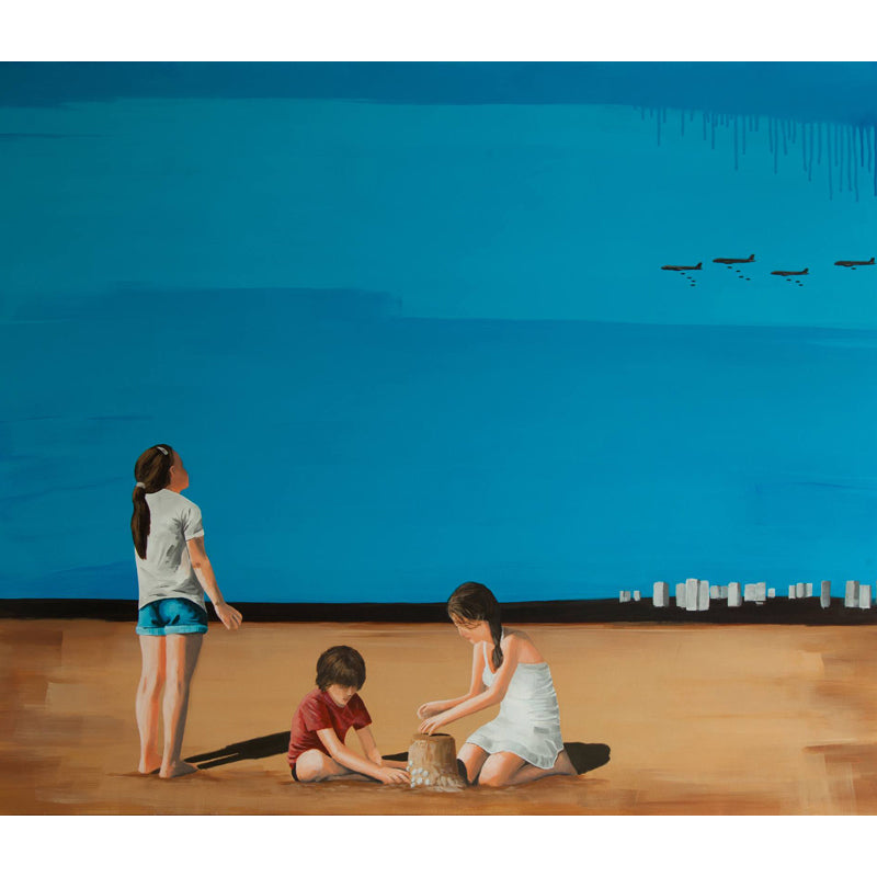 Artistic Kids Wall Paper Mural with Have Fun at Beach Painting Blue-Brown Wall Covering