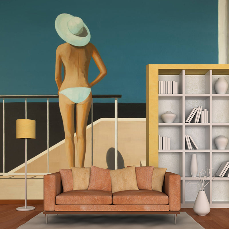 Woman in the Hat Mural Wallpaper Blue-Brown Artistic Wall Decoration for Bedroom