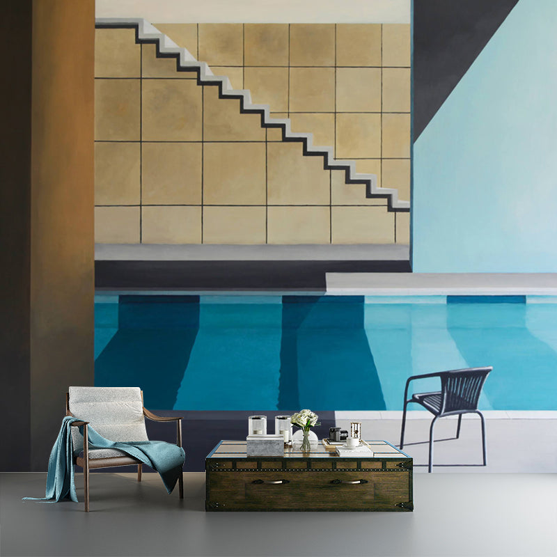 Artistry Swimming Pool Murals Blue and Brown Living Room Wall Covering, Custom Size