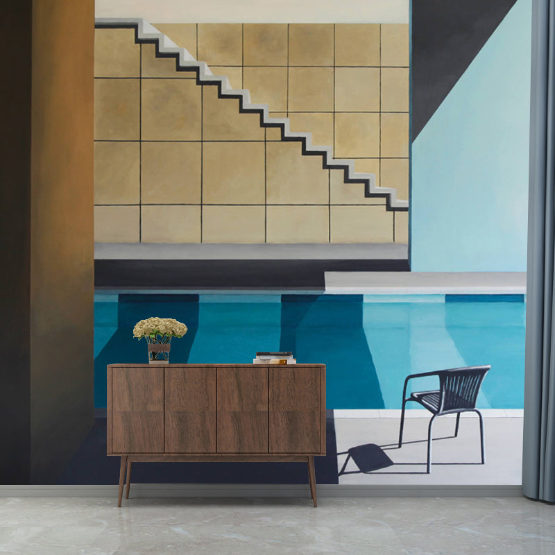 Artistry Swimming Pool Murals Blue and Brown Living Room Wall Covering, Custom Size
