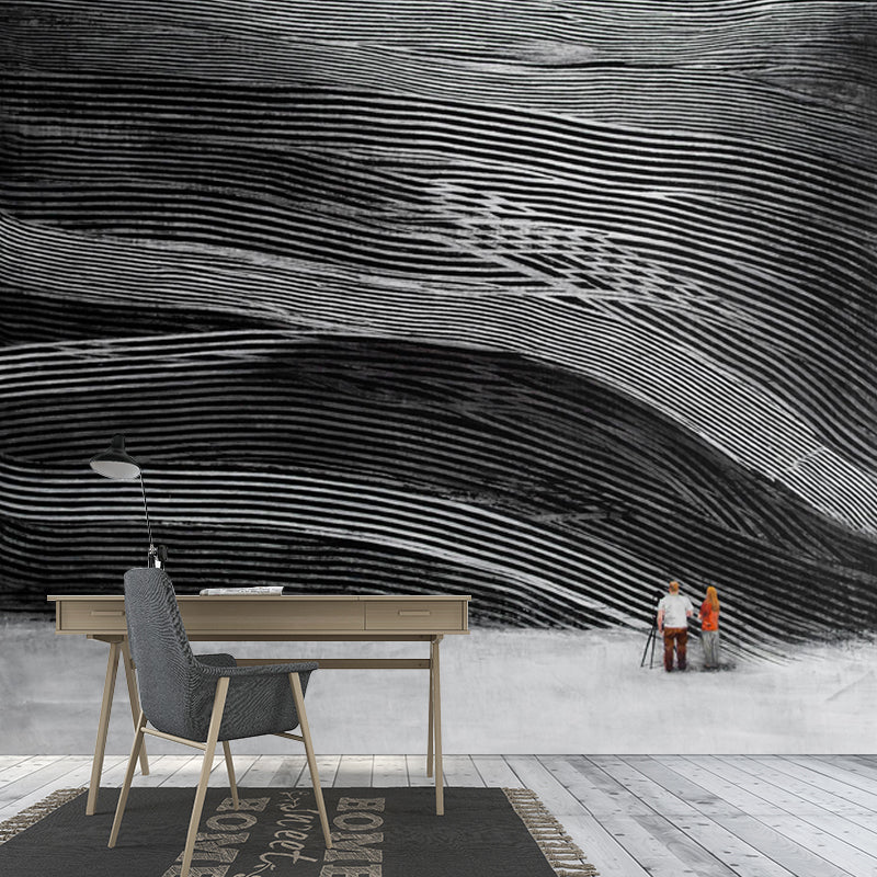Modern Art Layered Wall Murals Black and Grey Abstract Wall Covering for Bedroom