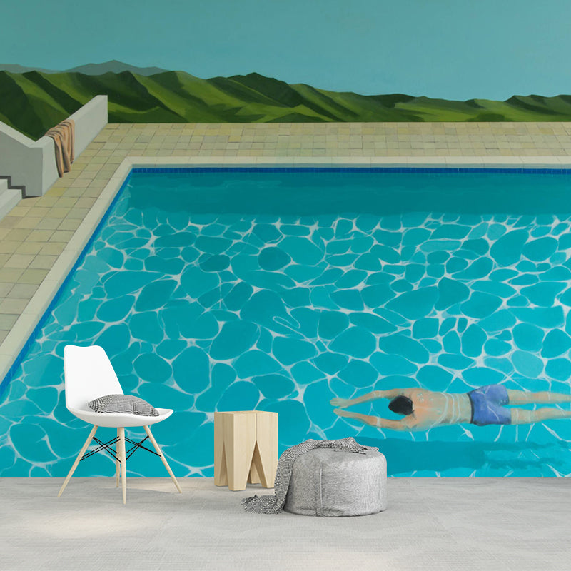 Breaststroke Swimming Murals Wallpaper Blue Artistic Wall Covering for Living Room
