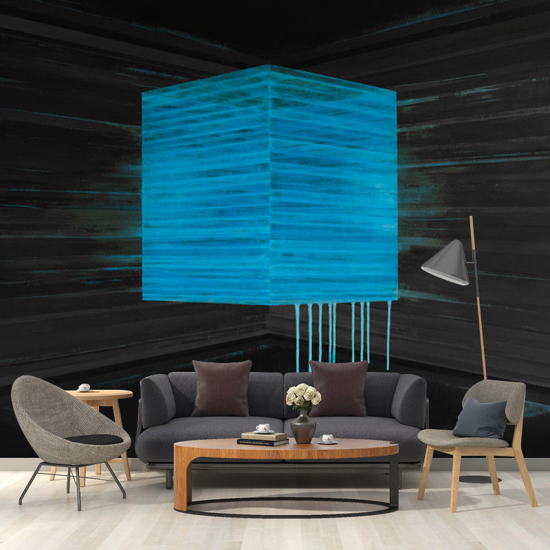 Artistry Melting Box Wallpaper Mural for Corridor Custom Size Wall Covering in Black-Blue