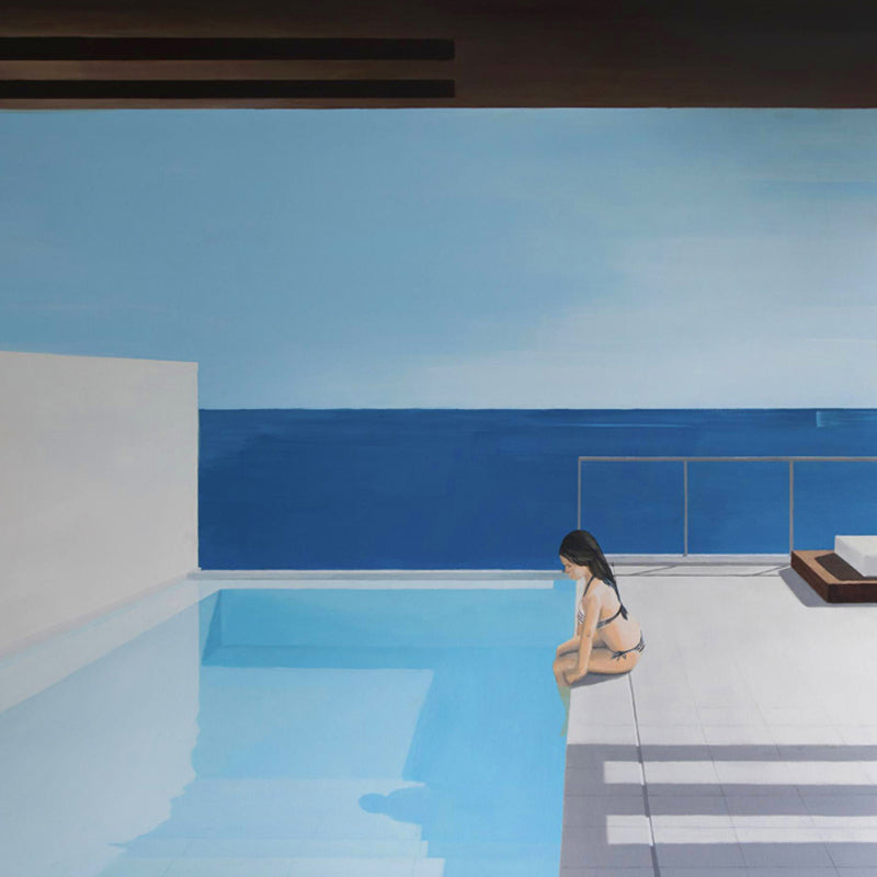 Whole Art Deco Wallpaper Murals Blue-White Sit Alone in Pool Drawing Wall Covering, Size Optional