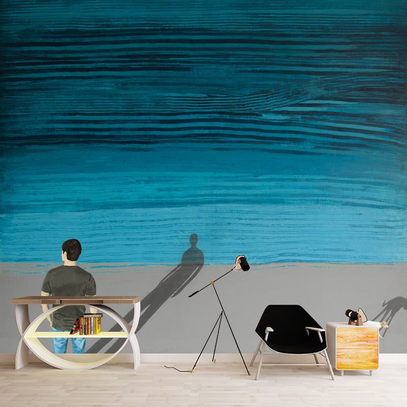 Sea and Solitude Painting Murals Grey-Blue Art Deco Wall Covering for Accent Wall